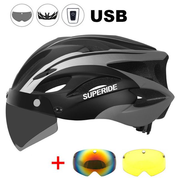 Capacetes de ciclismo SUPERIDE Capacete de bicicleta de estrada recarregável Homens Mulheres com viseira Luz traseira Esportes MTB Bicicleta TT Lente 230605