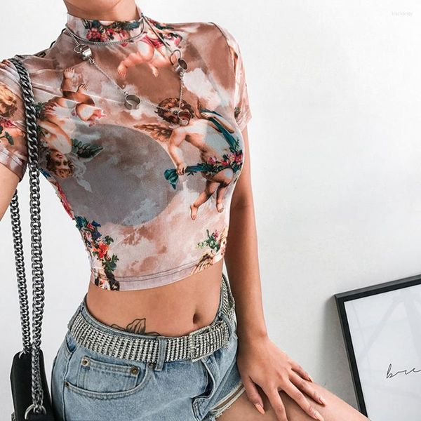 Damen T-Shirts Crop Tops Mädchen Sommer Nabelschnur Kurzarm Mesh Damen Kind Durchsichtig