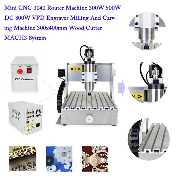Mini máquina roteadora cnc 3040, 300w, 500w, dc 800w, vfd, fresadora e escultura, 300x400mm, cortador de madeira, sistema mach3