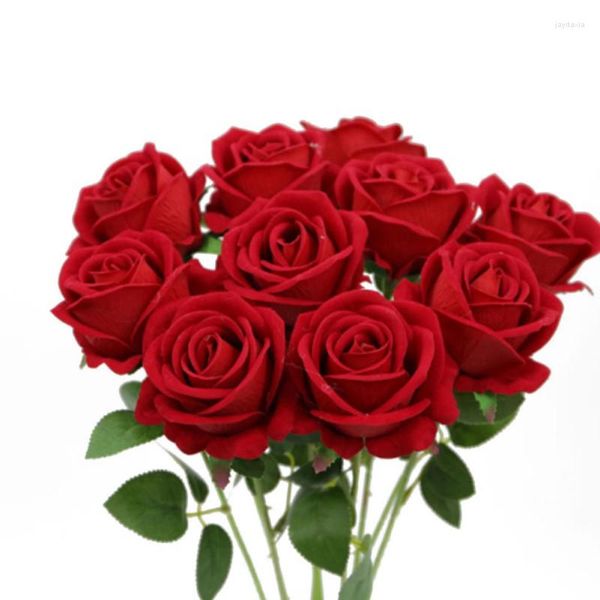 Fiori decorativi Rose finte rosse Flanella artificiale dall'aspetto reale con gambo per bouquet da sposa fai-da-te Decorazioni per la casa per feste nuziali