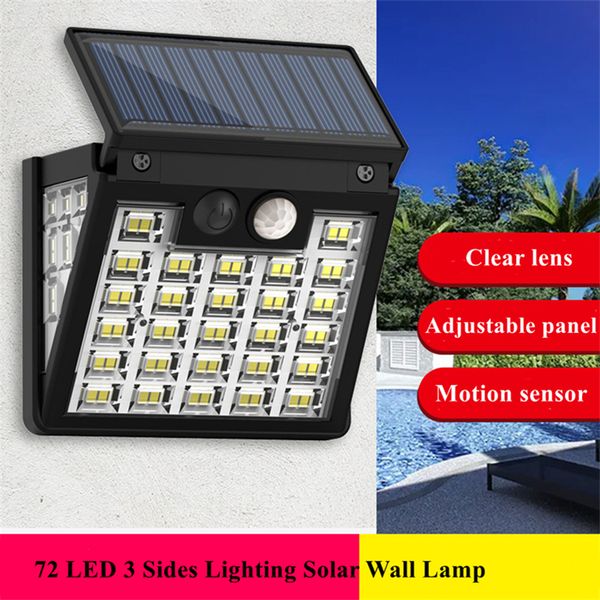 Luzes solares 72 LED 3 modos de iluminação, luzes de segurança com sensor de movimento, painel ajustável IP65 Lâmpada de parede para jardim, pátio, quintal, deck, luzes, holofotes