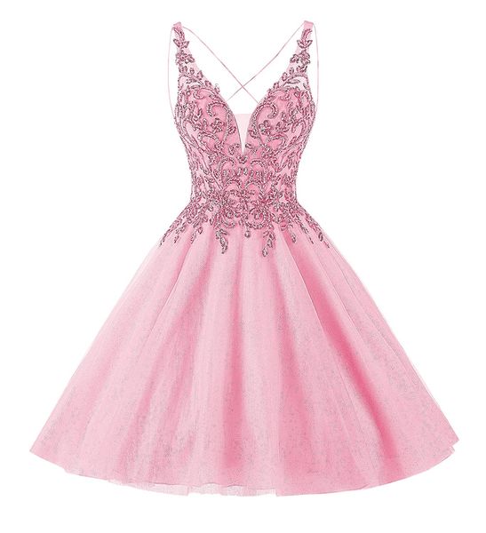 Vestidos de boas-vindas curtos Espaguete Cristal Profundo Decote em V Vestidos de festa linha A Princesa Plus Size Mini Baile de Aniversário Vestidos de Formatura Coquetel 43