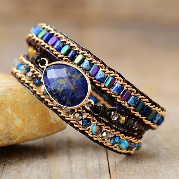 Pulseira de corrente azul tom 3 fios envoltório de couro feita à mão sodalita cordão de contas de cristal corrente pulseira Homme joias femininas bijoux 230606