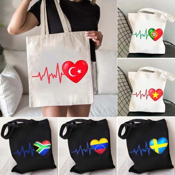 Sacos de noite HOLANDA TURQUIA PORTUGAL FINLÂNDIA ÍNDIA ITÁLIA EUA POLÔNIA CINGAPURA SUÍÇA Heartbeat Flag Canvas Totes Bag Shopper