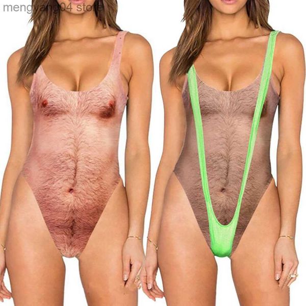 Damen-Bademode, lustiger Brusthaar-3D-Druck, einteiliger Badeanzug, Damen-Bademode, sexy Push-Up-Bikinis, Badeanzug, weiblicher Monokini, Strandmode, Badeanzug T230606