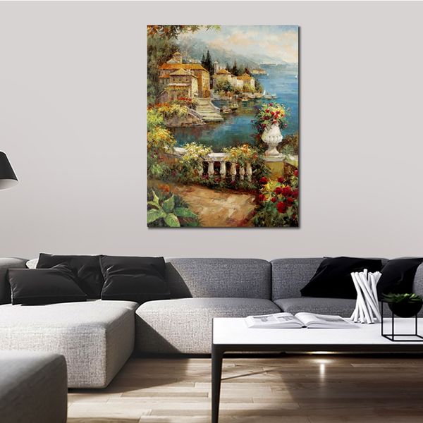 Fine Canvas Art Marina View Pittura a olio impressionista fatta a mano Giardino urbano Paesaggio Cucina Arredamento contemporaneo