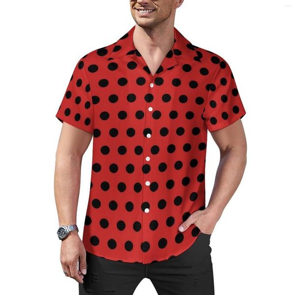 Camisas casuais masculinas Camisa retrô de bolinhas Vermelha e preta Praia solta Blusas havaianas bacanas Manga curta estampada Blusa grande