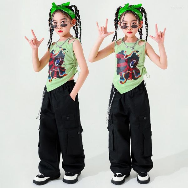 Desgaste de palco para dança de rua infantil colete verde calça cargo preta terno para meninas fantasias de show de performance de jazz roupas hip hop DQS13020