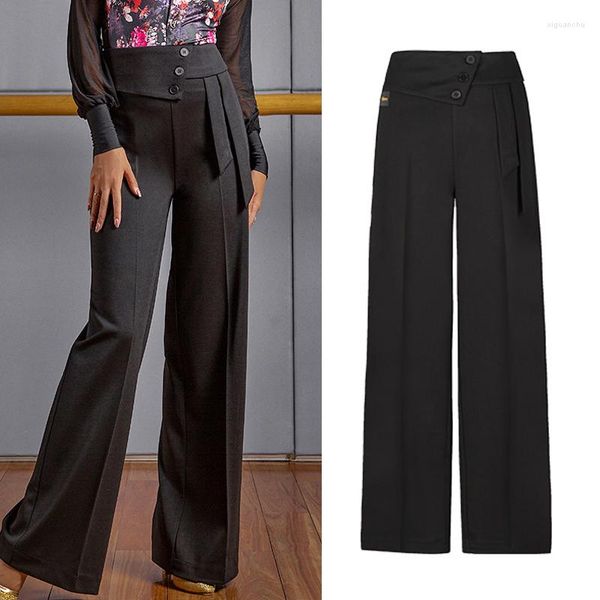 Stage Wear Pantaloni da ballo moderni a vita alta Pantaloni da donna a gamba larga a tre bottoni Abiti da pratica latina standard nazionale SL4459