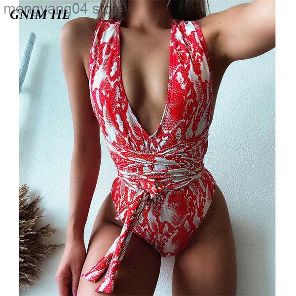 Roupa de banho feminina Dome Câmeras GNIM Roupa de banho de peça única Feminina Biquíni com decote em V profundo Mujer 2020 Bandagem sexy sem costas Roupa de banho verão Roupa de praia Biquini com estampa de cobra T230606