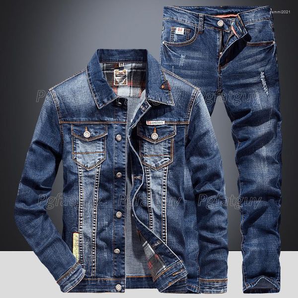 Tute da uomo Fashion Slim Completi da uomo Primavera Autunno Giacca a maniche lunghe in cotone denim blu scuro Jeans con foro strappato Coppia due pezzi