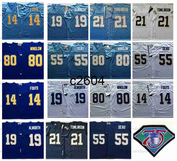 c2604 Vintage 1987 heren 21 LaDainian Tomlinson voetbalshirts 14 Dan Fouts 55 Junior Seau 19 Lance Alworth 80 Kellen Winslow Jersey gestikt 75e PATCH