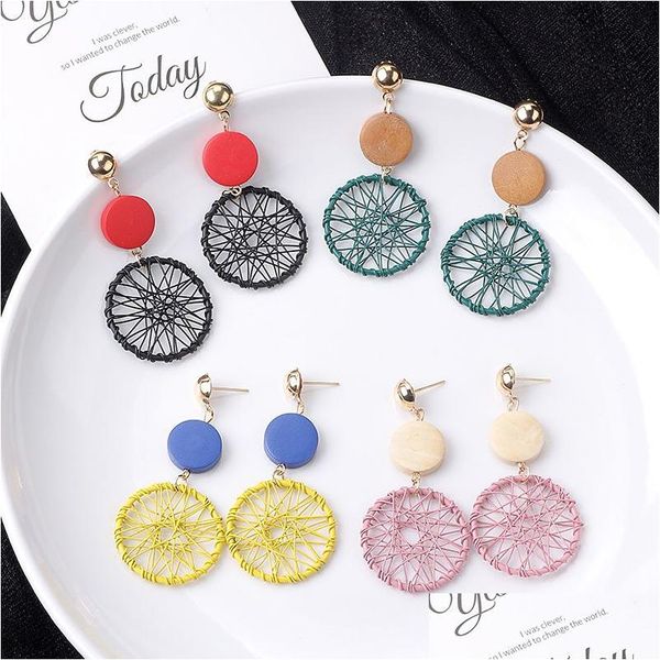 Dangle Lustre Japonais Et Coréen Nouveau Tempérament Boucle D'oreille Long Gland En Bois Creative Creux Géométrique Enroulement Dream Catcher E Dhjyi