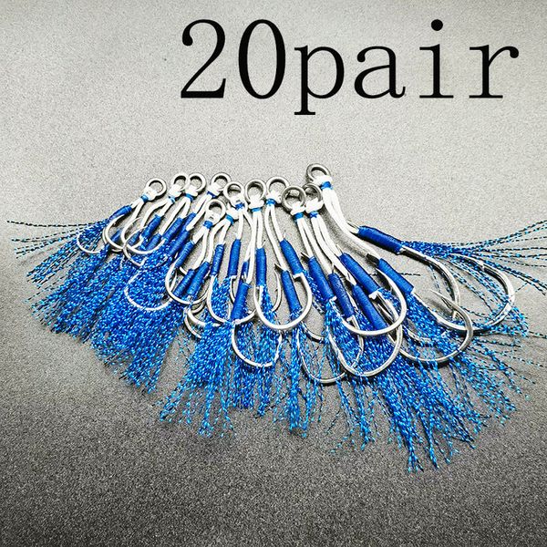 Anzóis de pesca 20 pares Assist Hook Anel Sólido JigLure Jigging Fishjig Par Duplo Farpado Pesca Peche Blue Feather Slow Jig 230606