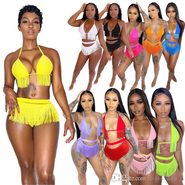Designer-Damen-Bikini-Set, Sommermode, sexy Damen-Badeanzug mit V-Ausschnitt, einfarbig, geteilter Badeanzug, schöne Straps-Quasten-Badebekleidung