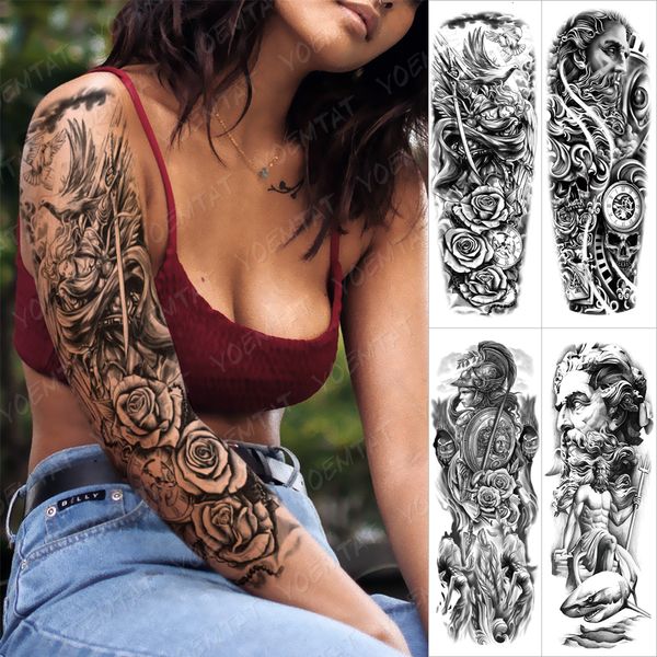 Tatuaggi temporanei Grande manica del braccio Tatuaggio Angelo Statua Guerriero Impermeabile Tatto Sticker Rosa Samurai Body Art Tatoo finto completo Donna Uomo 230606