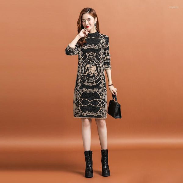 Casual Kleider Nerz Kaschmir Pullover Kleid Frauen Herbst Winter 2023 Vintage Jacquard Lose Verdicken Warme Gestrickte Bodenbildung Vestidos