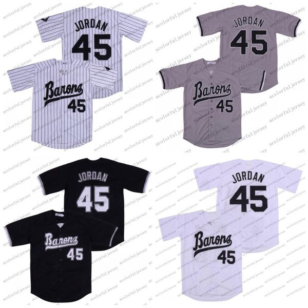 Homens Birmingham Barons 45 Michael MJ Jersey Preto Branco Cinza Costurado Filme Camisas de Beisebol Barato Mix Order