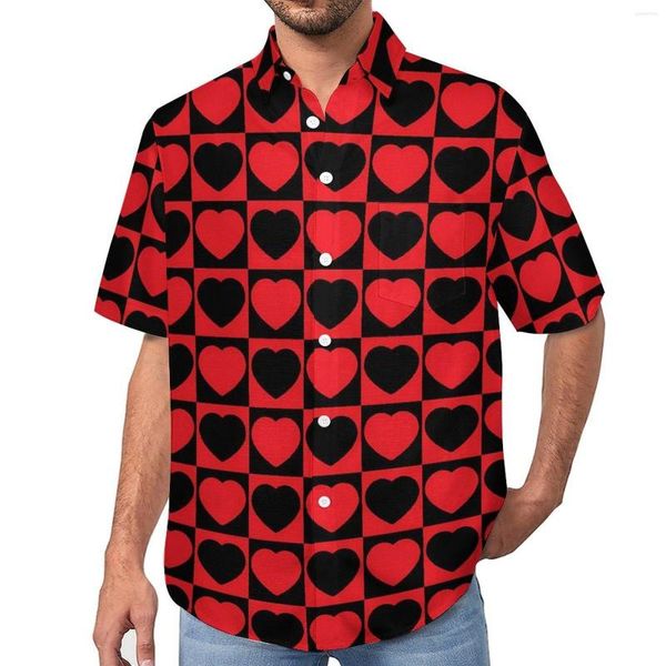 Camisas casuais masculinas Camisa Valentine Hearts Preto e vermelho Praia Solto Havaiano Streetwear Blusas Mangas curtas Top gráfico grande