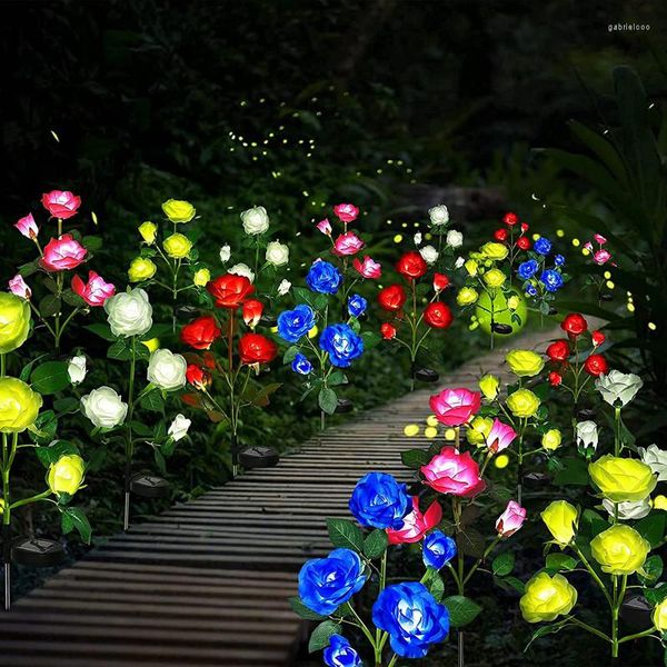 Flores decorativas 1 pçs luz solar rosa flor luz led para caminho ao ar livre jardim pátio quintal passarela iluminação de paisagem