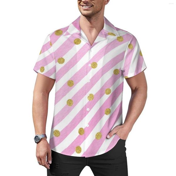 Camisas casuais masculinas com bolinhas e listras rosa geométricas para férias soltas havaianas streetwear blusas com design superdimensionado