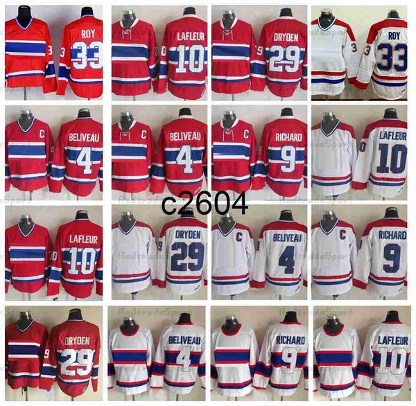 c2604 Vintage Hockey-Trikots 4 Jean Beliveau 9 Maur Richard 10 Guy Lafleur 29 Ken Dryden 33 Patrick Roy Retro-Klassiker-Trikot, rot-weiß genähte Hemden
