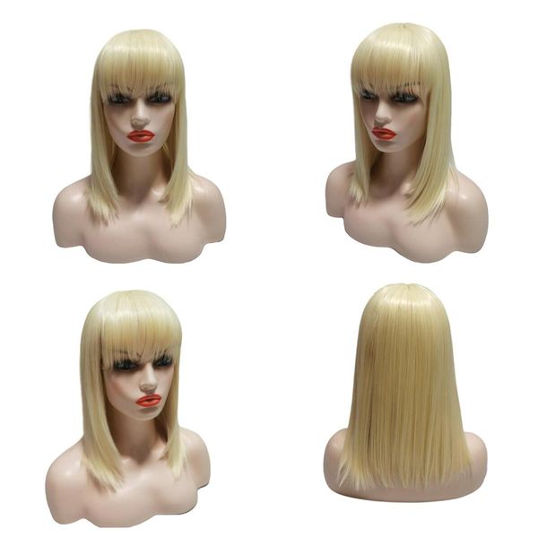 Blonde kurze Bob-Perücke, gerade, transparente Spitzenfront mit Pony, 16-Zoll-Menschenperücke für Frauen