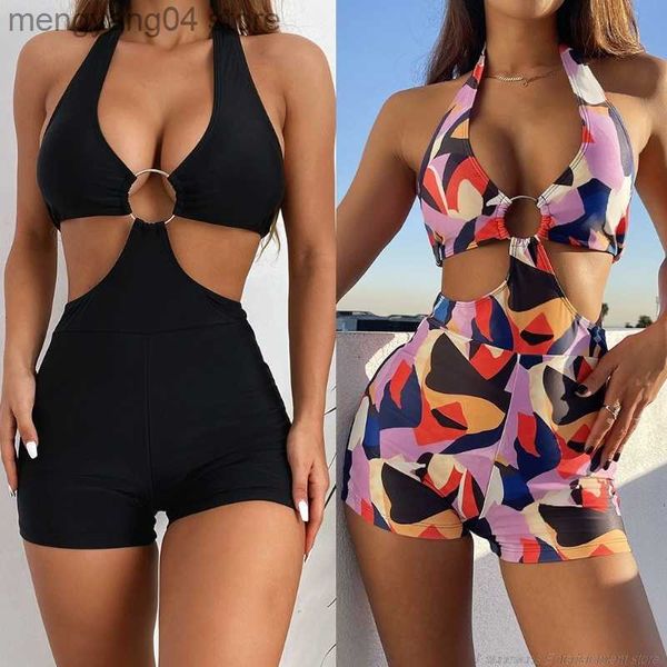 Roupa de banho feminina Sexy Maiô de peça única Halter Decote em V Sem costas Metal O-Ring Monokini Recorte Cintura alta Shorts de perna de menino Fato de banho Dropship T230606