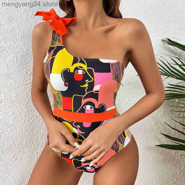 Roupa de banho feminina Dome Cameras 2023 Novo maiô sexy de uma peça estampado babado um ombro roupa de banho feminina maiô roupa de praia monokini sem costas verão T230606