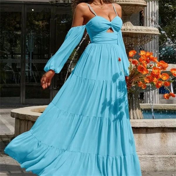 Lässige Kleider 2023 Blau Damen Sommer Off-Schulter-Kleid Sexy Hohler Hosenträger Boho Rückenfrei Plissee Langarm Strand