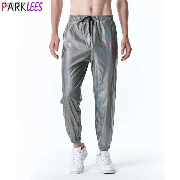 Mens Silver Laser Glitter Jogger Pantaloni della tuta Causale anni '70 Disco Dance Party Pantaloni Uomo Stage Prom Halloween Cosplay Pantaloni Uomo L230520