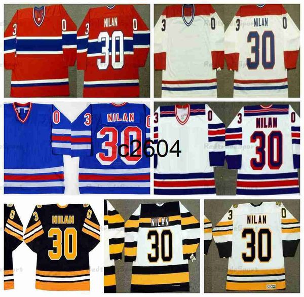 c2604 Herren 1988–89 Chris Nilan 30 Eishockey-Trikots, personalisierbar, Vintage, Rot, Blau, Schwarz, 75. genähte Hemden, M-XXXL