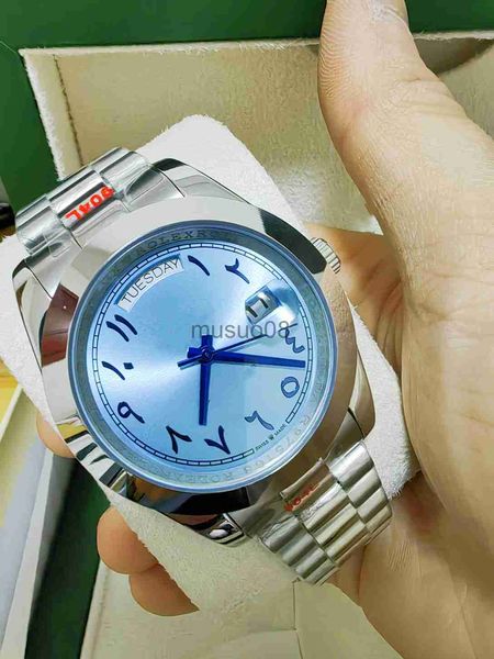 Outros relógios com caixa original Mens Watch Factory 228206 Platinum 40mm DayDate Ice Blue Arabian Rare Dial Automatic Fashion Mens Watch Folding Mechanica J230606