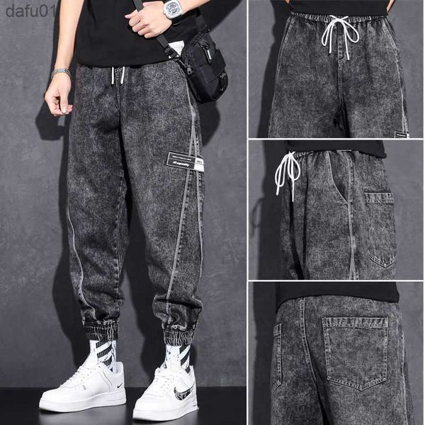 Cinza Snow Wash Jeans Moda Masculina Cargo Pants Loose Harem Trousers Moda Masculina Casual Joggers Coreanos Calças Masculinas Street Wear 5XL L230520