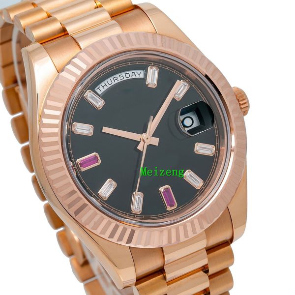 Luxus-Armbanduhr, brandneue Herren-Automatikuhren, Day Date II-Uhr, 41 mm, 218235, schwarzes Diamant- und Rubin-Zifferblatt, roségoldenes Band