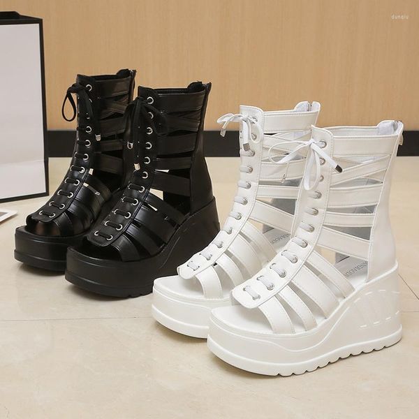 Sandálias Venda Senhoras CM Cunha Moda Salto Alto Goth Punk Verão Sapatos Plataforma Casual Conforto Lace Up Zipper Fivela