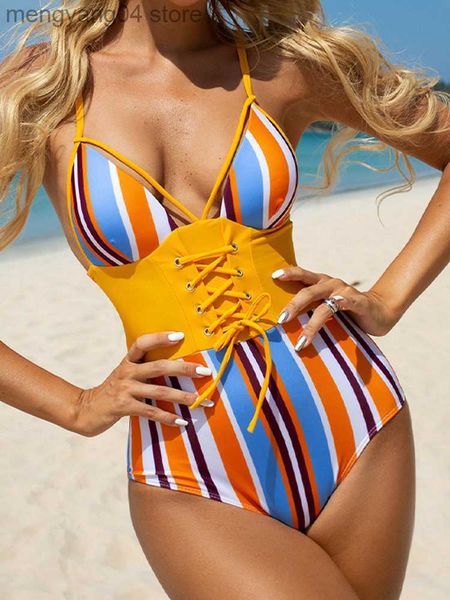 Kadın Mayo Vigorashely 2023 Seksi Bağlı Korse Mayo Kadın Çizgili Baskı Tek Parça Mayo Monokini Hollow Push Up Bathing Suit Beachwear T230606