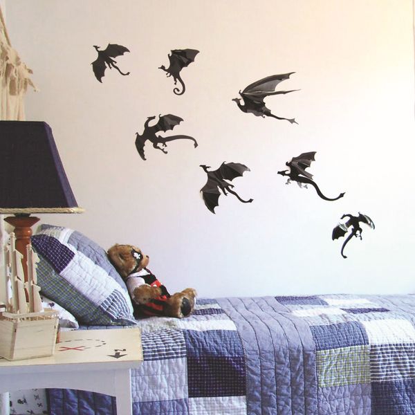 7 pçs/conjunto fantasia divertido adesivo de parede de halloween para decoração de quartos de crianças dinossauros meninos presente 3d dragão arte de parede silhuetas de dragão