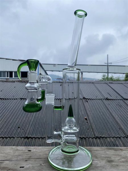 narguilé cachimbos de vidro bong grama verde pescoço reto dobrado 16 polegadas 18mm junta 2 percs em linha para tampa de grade de chifre, com o coletor de cinzas da mesma cor e tigela de chifre