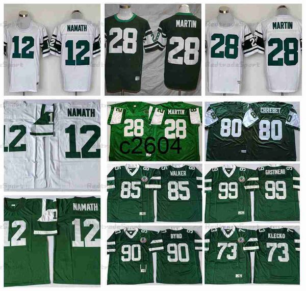 C2604 Vintage 28 Curtis Martin 12 Joe Namath Football Jerseys 73 Joe Klecko 90 Деннис Берд 99 Марк Гастино 85 Уэсли Уокер 80 Уэйн Чребей Зеленый Джерси Мужчина