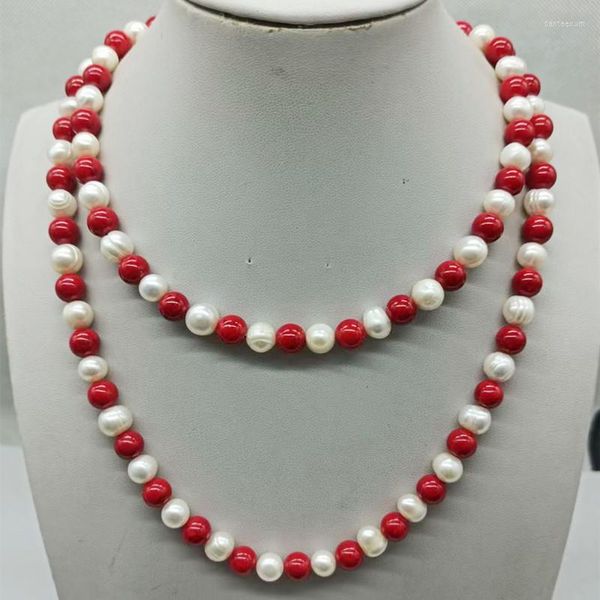 Catene Delicate 8-9mm Perle coltivate d'acqua dolce bianche 8mm Collana di perle rotonde di corallo rosso 35 pollici Gioielli di moda 2023