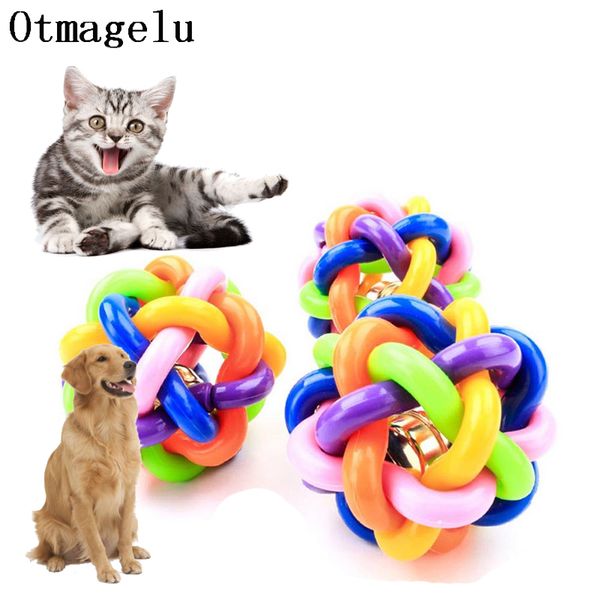 Bola de brinquedo de comida de gato colorida e fofa com sino para brincar de som squeak mastigar filhote de cachorro engraçado treinamento interativo suprimentos para animais de estimação