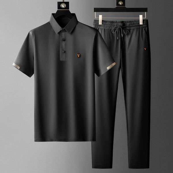 Herren-Trainingsanzüge, schwarze Sommer-Sets, dunkelblauer dünner, schnell trocknender Anzug, lässiges Poloshirt, elastische, lockere Hosen, modisches 2-teiliges Set 230605