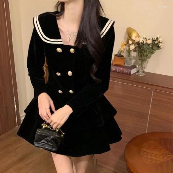 Casual Kleider Deeptown Preppy Stil Zwei Schicht Schwarze Frauen Koreanische Mode Elegante Sailor Kragen Hohe Taille A-linie Kleid Tunika vestidos