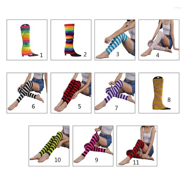 Damen Socken Winter Rippstrickbezug Neon Regenbogen Bunt gestreift Stiefelmanschetten Ballett Tanz Lange Strümpfe 80er Jahre T8NB