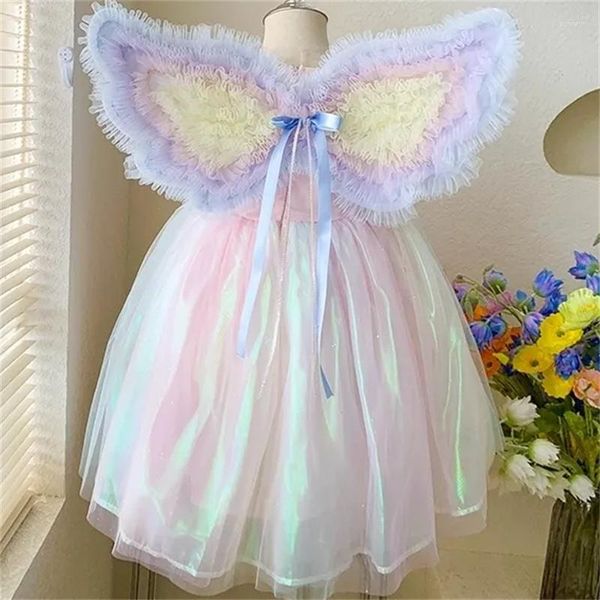 Abiti da ragazza Vestito da festa per ragazze Estate Elegante principessa con grandi ali colorate Vestiti di compleanno per bambini 1-11 anni Pompon