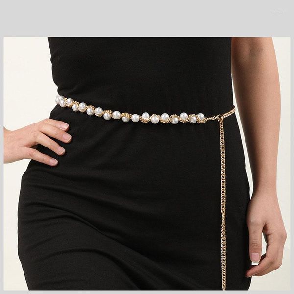 Cinture Cintura da donna con catena di perle Bianco Nero Perline Nappa Vita Sottile cinturino regolabile in metallo dorato