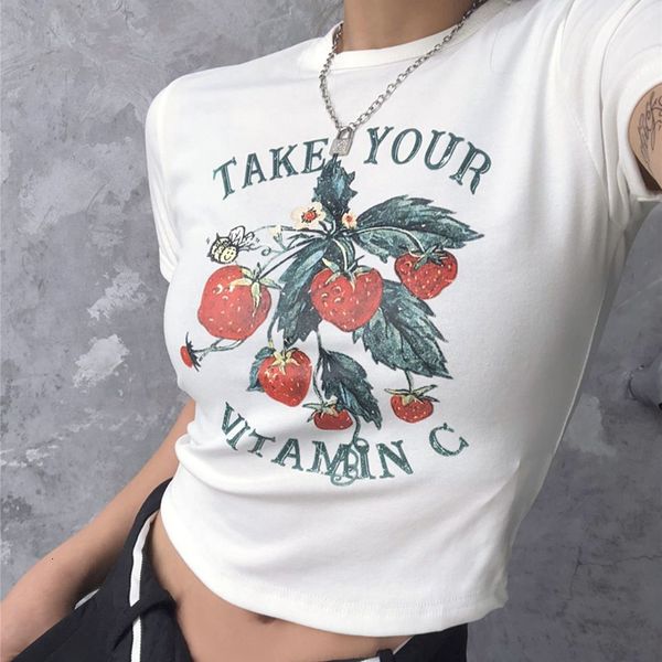 Damen-T-Shirt, 90er-Jahre, Vintage, niedlich, lässig, süßer Erdbeer-Druck, bauchfreies Top, Sommer, Harajuku, Streetwear, Kawaii, Grafik, Y2K, schlankes Brief-Damen-T-Shirt 230606