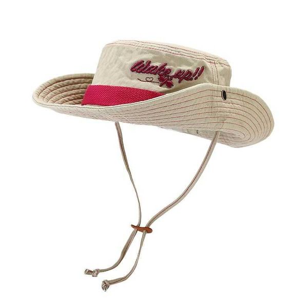 Chapéus de aba larga primavera 2023 algodão letras bordados padrão balde pescador viagem ao ar livre chapéu de sol meninas e mulheres 142 g230603