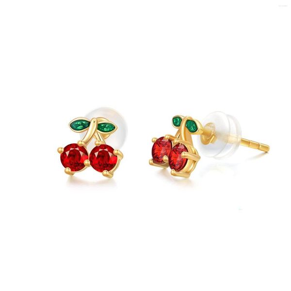 Orecchini a bottone YFN 14K Real Gold Cherry per donna Ragazza Giallo Rosso Granato Verde Foglia Jewerly